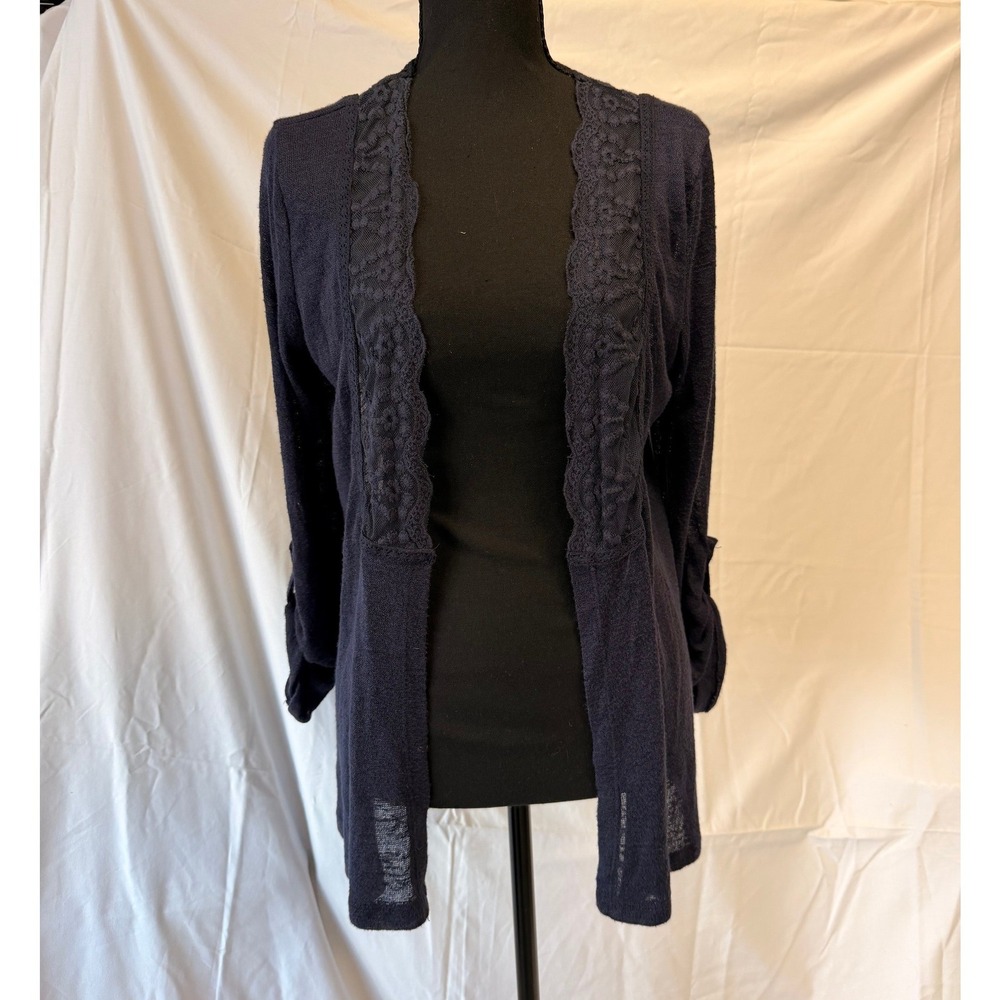 Skies Are Blue Y2K Navy Blue Lace Back Open Front Cardigan Roll Tab Sleeve XS